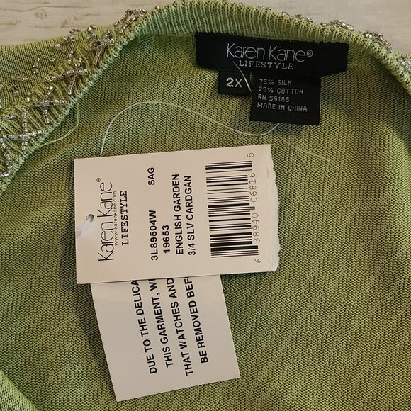 Vtg Karen Kane Silk Cotton Beaded Cardigan Sweater Green NEW Romantic Cottage 2X - Picture 5 of 7
